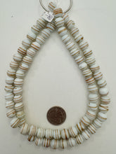white copper, swirl motif, vintage stock glass, 11x10mm rondelle, 15" strand, SOLD PER STRAND