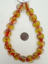 clear red orange yellow, inside lined swirl motif, vintage stock glass, 21x18x9mm heart,  15" strand, SOLD PER STRAND