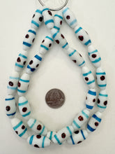 white blue red black, line stripe motif, vintage stock glass, 27x12mm bowed tube, 15" strand, SOLD PER STRAND