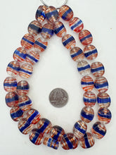 clear blue red, stripe swirl motif, vintage stock glass, 19x16x7mm oval, 15" strand, SOLD PER STRAND