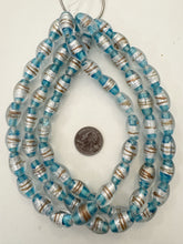clear mint blue copper metallic silver, inside lined swirl motif, vintage stock glass, 19x12mm bowed tube, 15" strand, SOLD PER STRAND