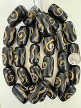 black off white golden horn, spiral squiggle line motif, 42x23mm tube, 15" strand, sold per strand