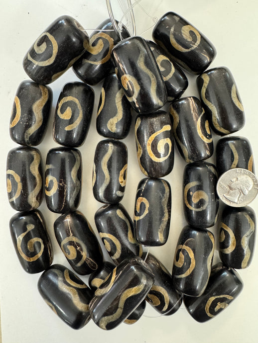 black off white golden horn, spiral squiggle line motif, 42x23mm tube, 15