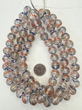 clear red blue copper, swirl motif, vintage stock glass, 16mm round, 15" strand, SOLD PER STRAND