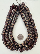 dark red purple black copper, dotted stripe motif, vintage stock glass, 12mm cube, 15" strand, SOLD PER STRAND