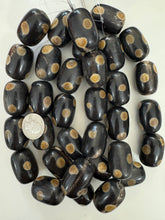 black off white golden horn, medium polka dot motif, 32x24mm barrel tube, 15" strand, sold per strand