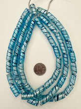 light electric blue dark blue metallic silver, crackle inside lined swirl motif, vintage stock glass, 21x11mm tube, 15" strand, SOLD PER STRAND
