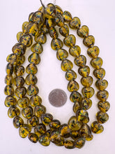 dark yellow multi silver, inside lined motif, vintage stock glass, 16x16x8mm heart, 15" strand, SOLD PER STRAND