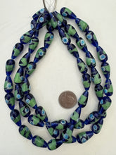 blue green white, dotted swirl motif, vintage stock glass, 17x14mm teardrop, 15" strand, SOLD PER STRAND