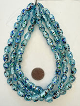 pale electric blue multi silver, inside lined motif, vintage stock glass, 13x10mm teardrop, 15" strand, SOLD PER STRAND
