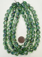 dark pale green multi silver, inside lined motif, vintage stock glass, 15x15x8mm heart, 15" strand, SOLD PER STRAND