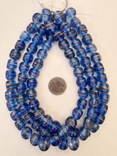 dark pale blue copper, swirl motif, vintage stock glass, 13mm 3 sided round, 15" strand, SOLD PER STRAND