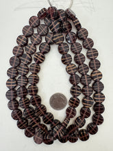 purple copper, stripe motif, vintage stock glass, 15x15x8mm coin, 15" strand, SOLD PER STRAND
