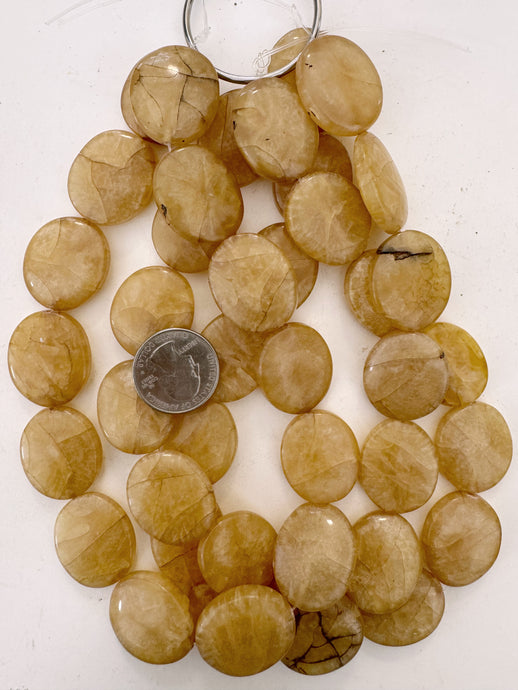 pale yellow peach dark crackle, vintage look resin, 28x23x9mm oval, 15