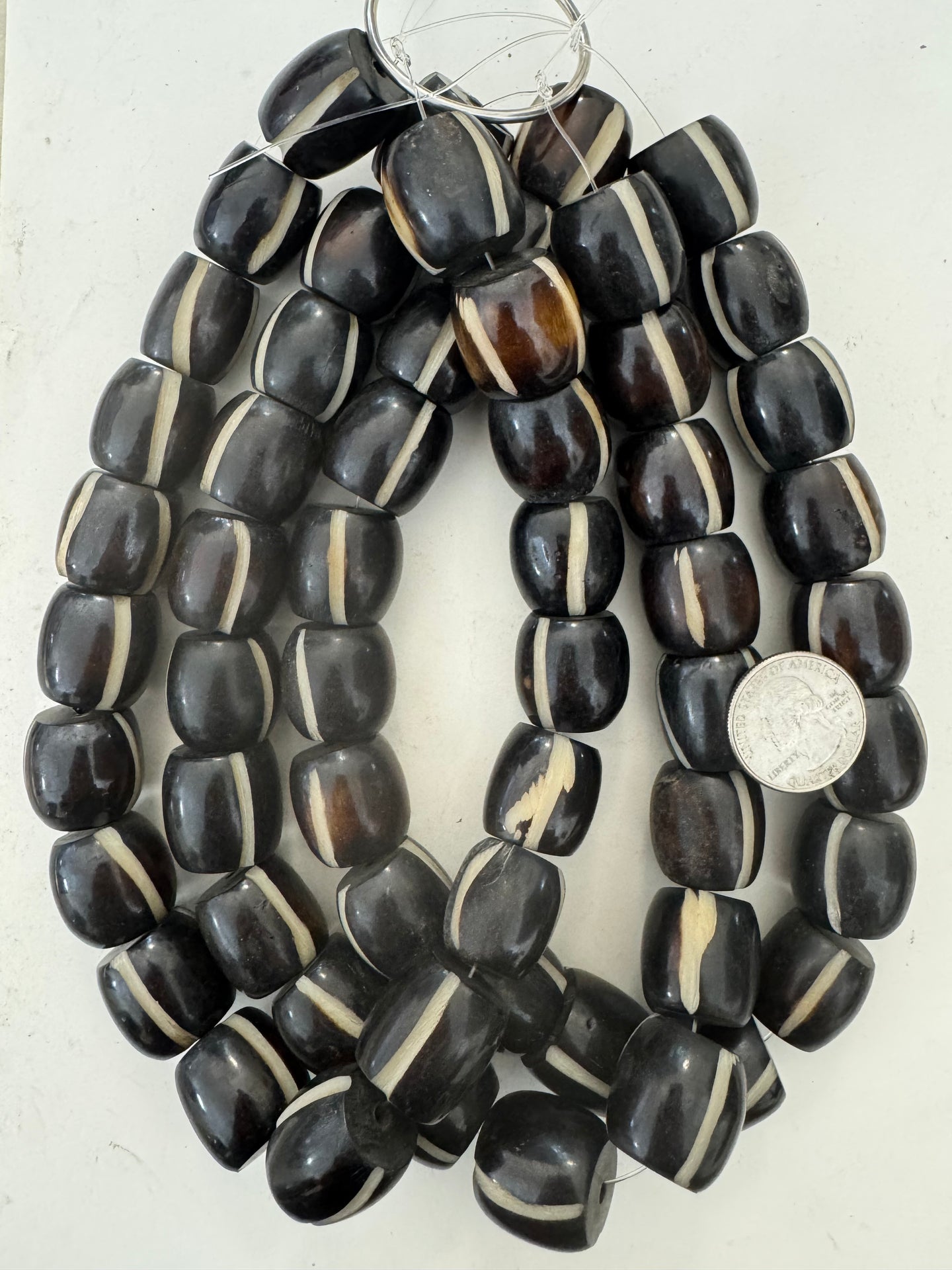 dark brown off white carved stripe, faux bone, vintage look resin, 21x20mm barrel, 15