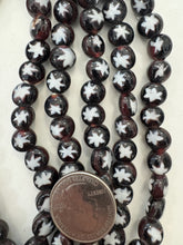 dark purple white, starburst dotted motif, vintage stock glass, 9x9x7mm coin mix, 15" strand, SOLD PER STRAND