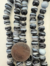 very dark purple white, swirl motif, vintage stock glass, 9mm round mix, 15" strand, SOLD PER STRAND