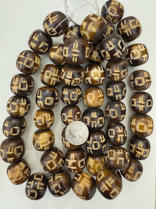 golden brown off white carved lines square motif, faux bone, vintage look resin, 24x22mm rondelle, 15