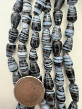 very dark purple white, swirl motif, vintage stock glass, 12x7mm teardrop mix, 15" strand, SOLD PER STRAND