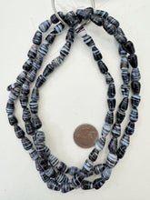 very dark purple white, swirl motif, vintage stock glass, 12x7mm teardrop mix, 15" strand, SOLD PER STRAND