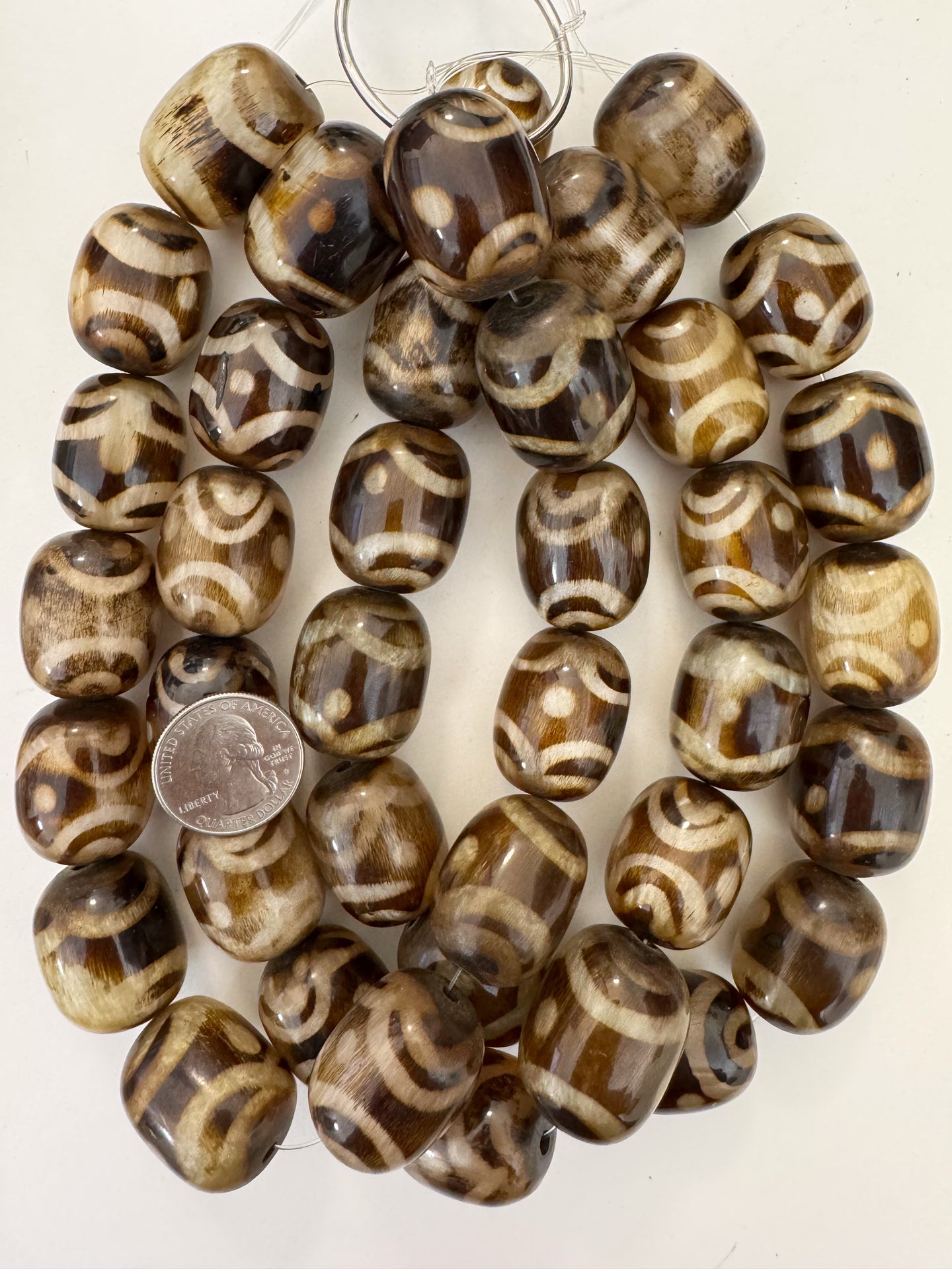pearly brown off white dzi bead motif, faux bone, vintage look resin, 29x23mm barrel, 15