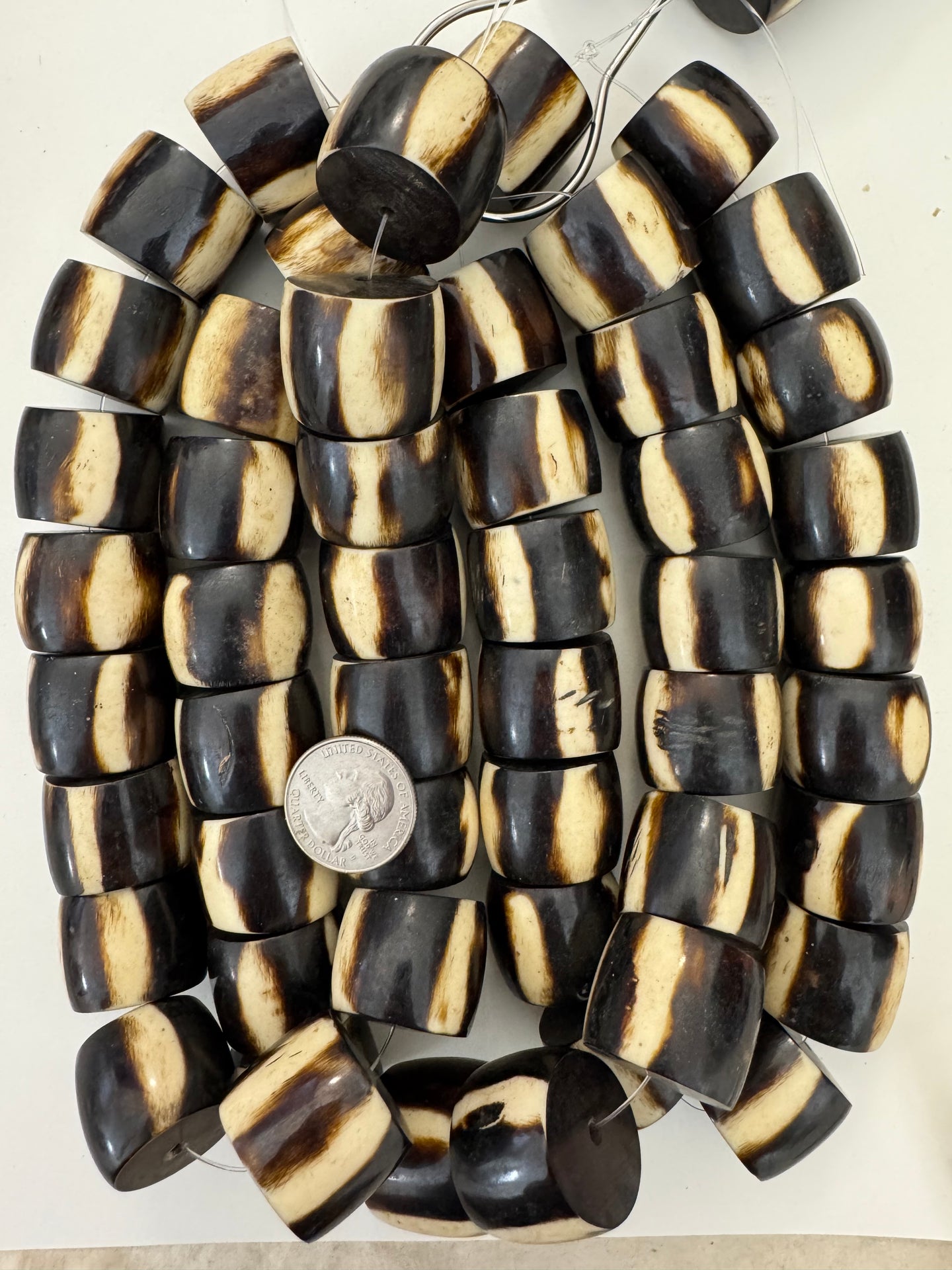 brown off white stripe motif, faux bone, vintage look resin, 27x21mm rondelle, 15
