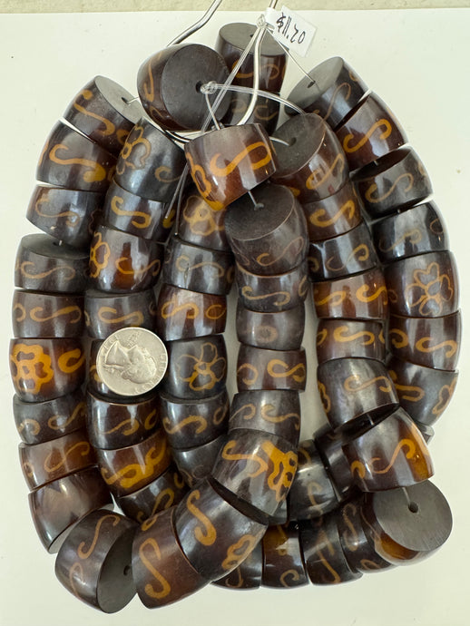 brown off golden floral motif, faux bone, vintage look resin, 27x19mm slice rondelle, 15