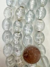 clear white metallic silver, inside lined swirl motif, vintage stock glass, 17x14mm barrel mix, 15" strand, SOLD PER STRAND
