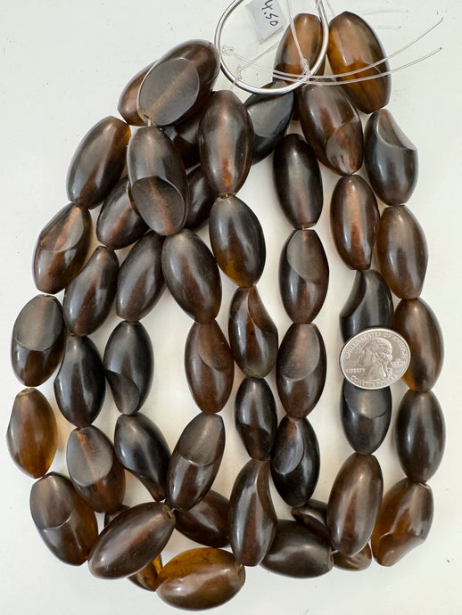 dark orange brown amber, faux amber, single color, vintage look resin, 33x18mm slice cut bowed tube, 15