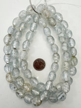 clear white metallic silver, inside lined swirl motif, vintage stock glass, 17x14mm barrel mix, 15" strand, SOLD PER STRAND
