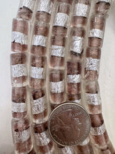 clear dark pale purple metallic silver, inside lined stripe motif, vintage stock glass, 19x10mm tube mix, 15" strand, SOLD PER STRAND