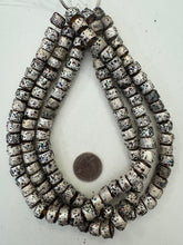 dark amber brown metallic silver multi coating, dotted motif, vintage stock glass, 12x8mm rondelle mix, 15" strand, SOLD PER STRAND