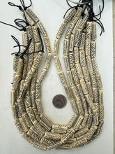 off white brown, carved crossing lines motif, vintage stock bone, 24x8mm tube, 15" strand, SOLD PER STRAND