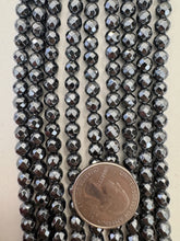 hematite, 6mm faceted round, 15" strand,  SOLD PER STRAND