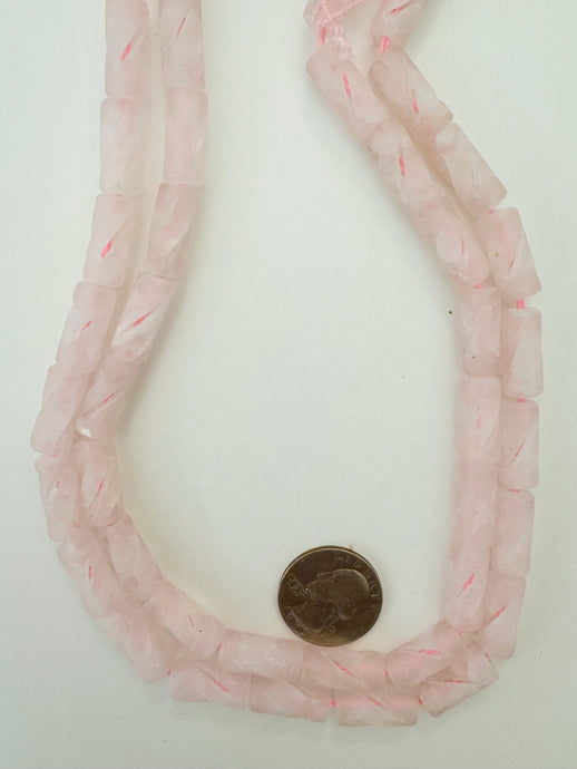rose quartz, matte finish, 18x8mm carved twist tube, 15