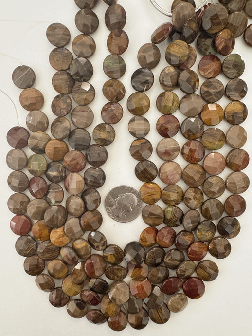 red wooden jasper, 14x14x5mm faceted coin, 15