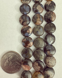 Llanite Rhyolite, 12x12x5mm puff coin, 15" strand