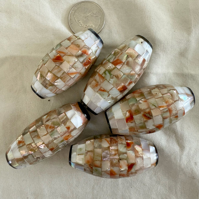 Red Abalone mosaic shell beads, 49x25mm bowed tube size mix, sold per bead