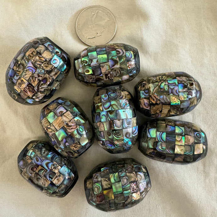 Abalone mosaic shell beads, 34x22mm barrel size mix, sold per bead