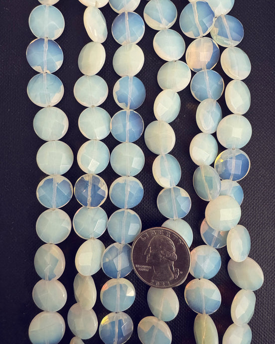 Opalite, 14x14x6mm faceted puff coin, 15