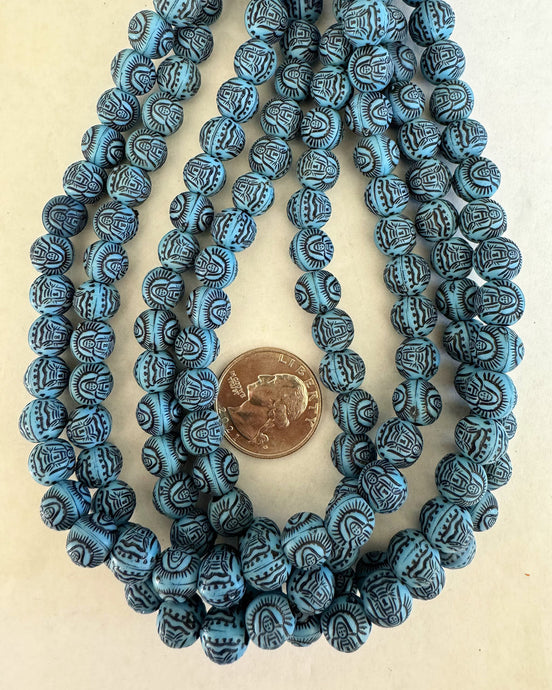 Matte pale turquoise blue black resin, carved buddha motif, 9mm round, 15