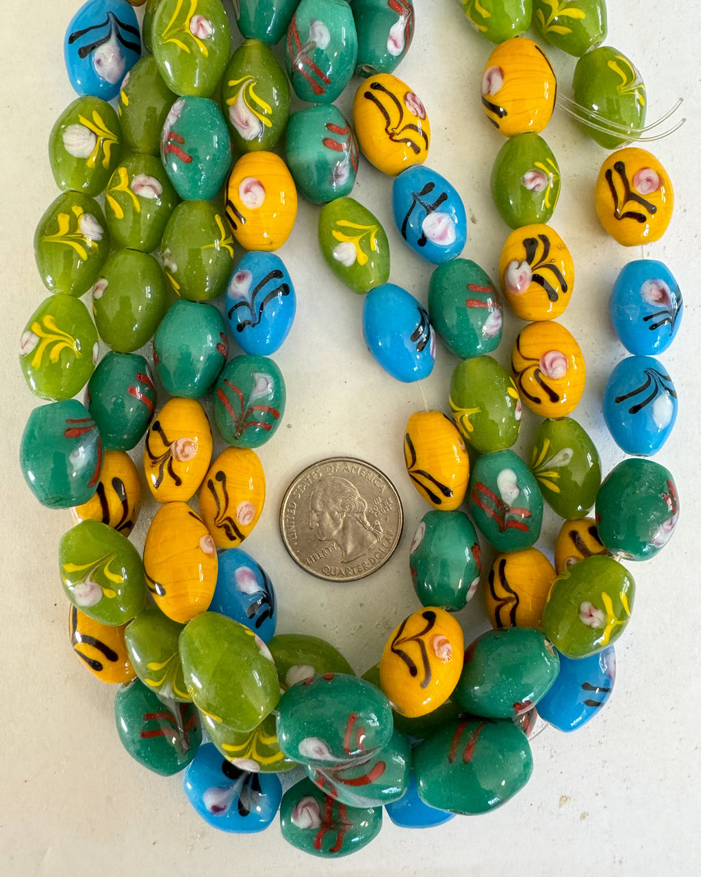 Green yellow blue floral glass, 18x13mm bowed tube mix, 15