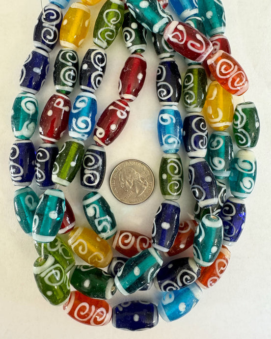 Multi color white swirl glass, 24x13mm bowed tube mix, 15