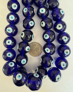 Cobal blue evil eye glass, 20x19mm rondelle mix, 15" strand