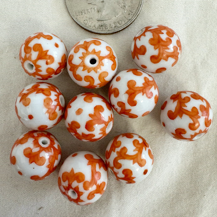 White and red vintage porcelain beads, floral motif, 14mm round, sold per bead