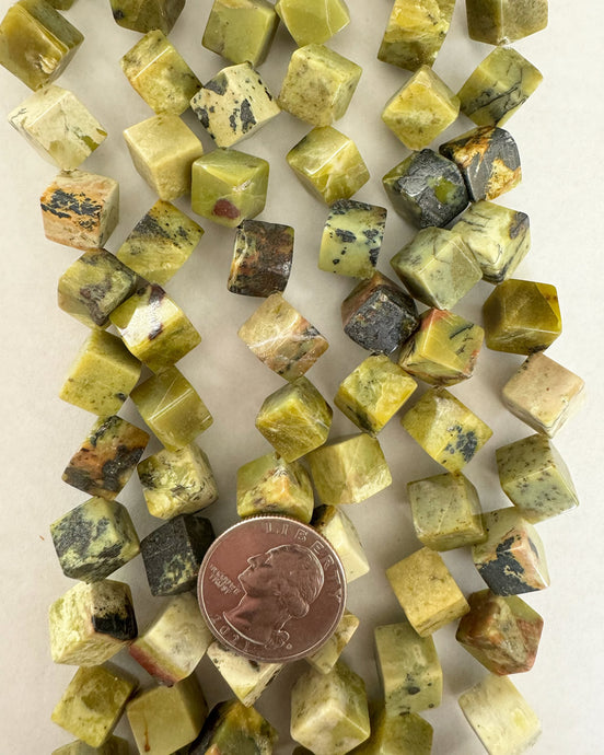 Yellow Turquoise, 10mm corner to corner drilled cube, 15